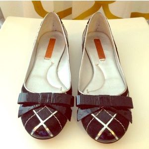 Black and Silver Bow Flats in Patent and Suede